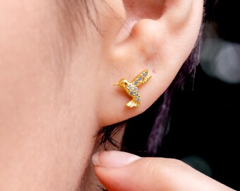 Hummingbird Diamond Stud Earrings, 2 PCS Dainty Earrings, Minimalist Jewelry, Mini Tiny Earrings, Bridesmaid Gift for Her