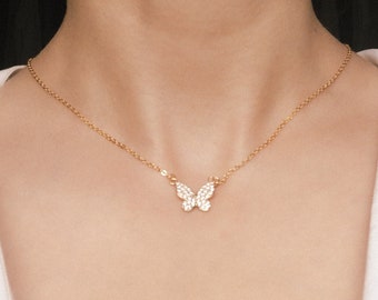 Dainty Crystal Butterfly Necklace, 18K Gold Plated on Copper, Minimalistic Butterfly Pendant Necklace, Best Gift For Her