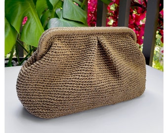 Crochet Raffia Clutch Bag, Womens Straw Bag, Wicker Beach Clutch Bag  Hand Made Gift, Summer Pouch Straw Wedding Party Dumpling Clutch