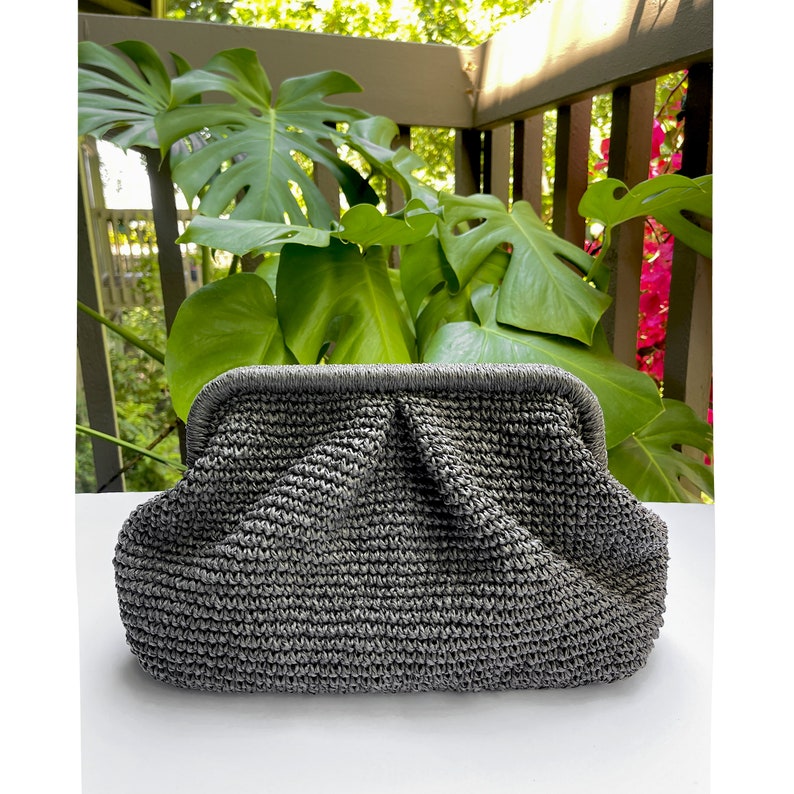 Crochet Raffia Clutch Bag, Womens Straw Bag, Wicker Beach Clutch Bag Hand Made Gift, Summer Pouch Straw Wedding Party Dumpling Clutch image 6