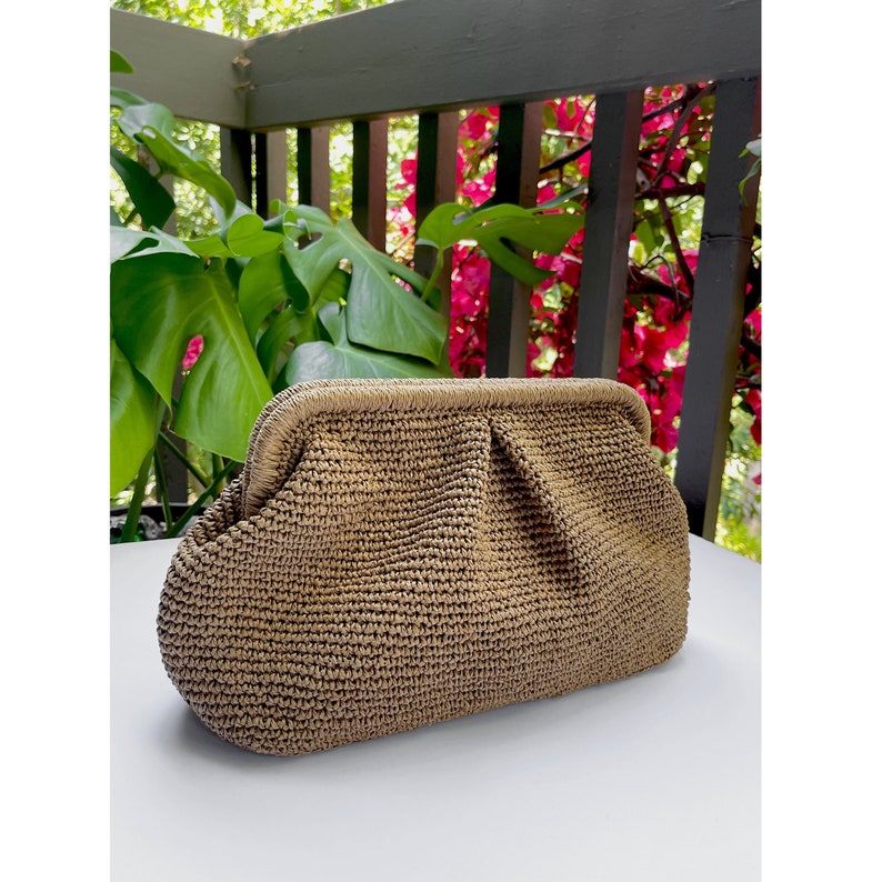 Crochet Raffia Clutch Bag, Womens Straw Bag, Wicker Beach Clutch Bag Hand Made Gift, Summer Pouch Straw Wedding Party Dumpling Clutch image 1