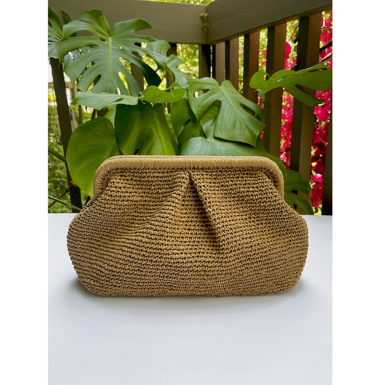 Crochet Raffia Clutch Bag, Womens Straw Bag, Wicker Beach Clutch Bag Hand Made Gift, Summer Pouch Straw Wedding Party Dumpling Clutch image 2