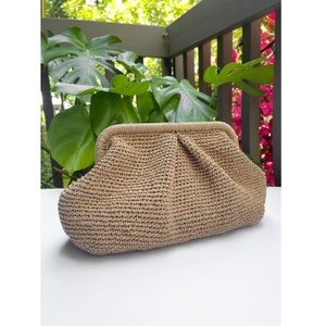 Crochet Raffia Clutch Bag, Womens Straw Bag, Wicker Beach Clutch Bag Hand Made Gift, Summer Pouch Straw Wedding Party Dumpling Clutch image 4