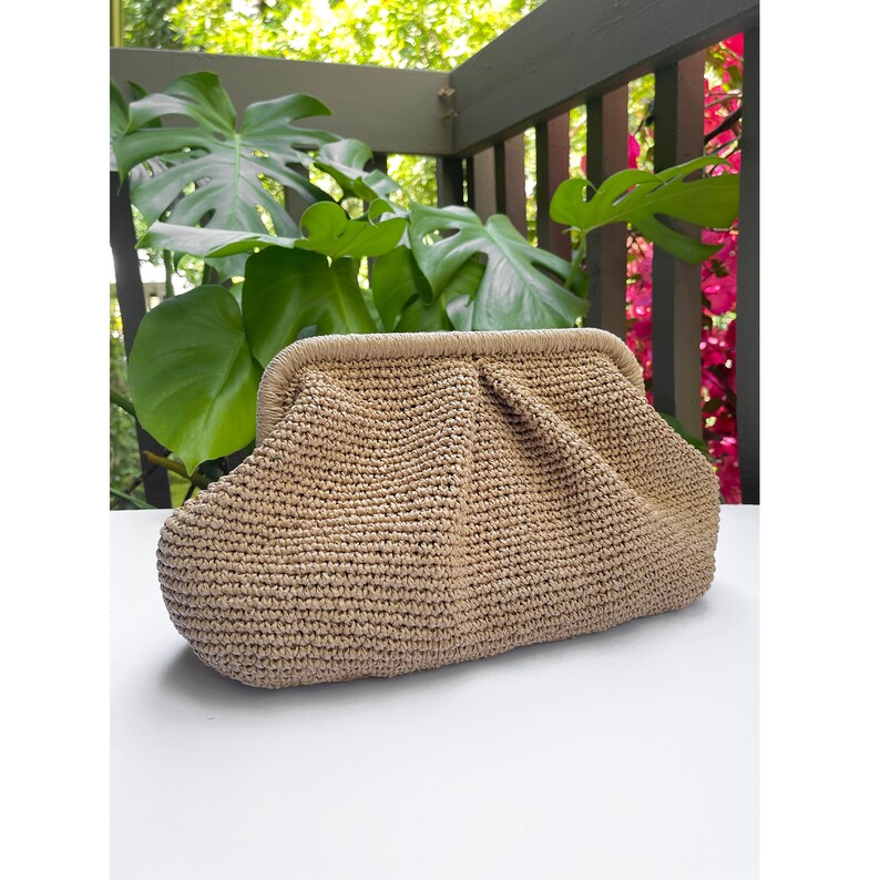 Crochet Raffia Clutch Bag, Womens Straw Bag, Wicker Beach Clutch Bag Hand Made Gift, Summer Pouch Straw Wedding Party Dumpling Clutch image 4