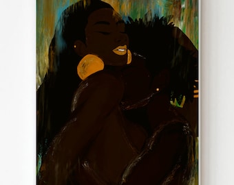 May include: A painting of two people embracing, with the woman's face visible and the man's face obscured. The woman has long black hair and is wearing large gold earrings. The background is a blurred abstract painting of green, blue, and brown.