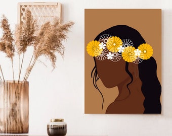 Flower Crown | Black Girl Art | Woman Illustration Art | Boho Female Art |Printable Wall Décor | Mid Century | African Woman Art | Botanical