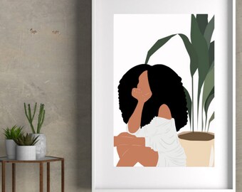 Woman Illustration Art | Natural Hair Art | Black Girl Art | Boho Female Art | Printable Wall Décor | Mid Century | African Woman Art