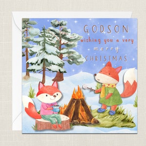 Godson Wishing You A Very Merry Christmas Greetings Card with Envelope - Merry Xmas - Happy Holidays Festive - Camping Fox - Childrens Kids