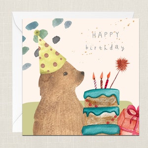 Tarjeta de felicitación de feliz cumpleaños con sobre - Tarjetas para ella - Regalos para ella - Oso niños - Acuarela - Fiesta - Niños - Lindo - Resumen