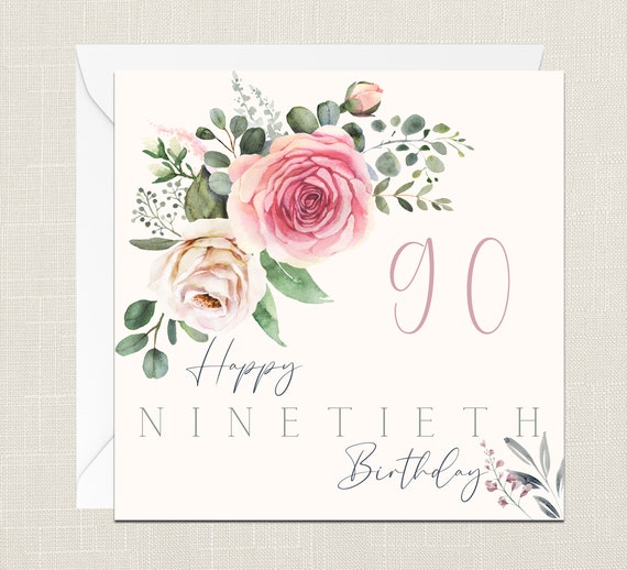Happy 90th Birthday Florals Biglietto d'auguri con busta - Biglietto di compleanno - Biglietti per lei - Regali per amico - Fiori - Elegante - Novantesimo 90 - Italia