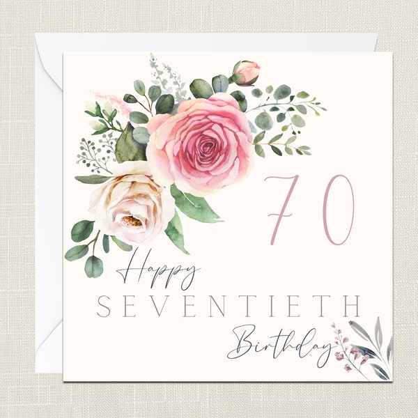 Happy 70th Birthday Florals Greetings Card with Envelope - Birthday Card - Cards Her - Gifts for Friend - Flowers - Elegant - Seventieth 70