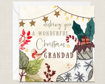 Wishing You A Wonderful Christmas Grandad Greetings Card with Envelope - Merry Xmas - Happy Holidays - Festive - Joyeux Noel - Tree - Nonno
