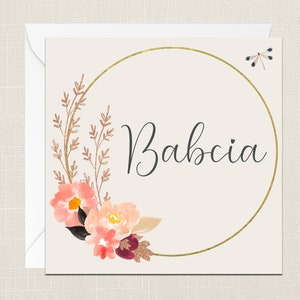 Biglietto d’auguri con busta Babcia, biglietti per lei, regali per mamma, fiori floreali, nonna, smalto, ghirlanda floreale, compleanno