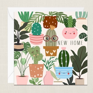 Nouvelle carte de vœux avec enveloppe - Maison déplacée - Carte juste pour dire - Nouvelle maison - Cadeaux pour ami - Plantes en pot - Félicitations