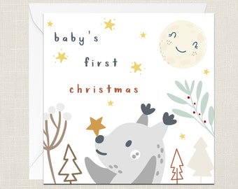 Baby's First Christmas Greetings Card with Envelope - Merry Xmas - Happy Holidays - Festive - Joyeux Noel - Childrens Kids - 1st - Babies