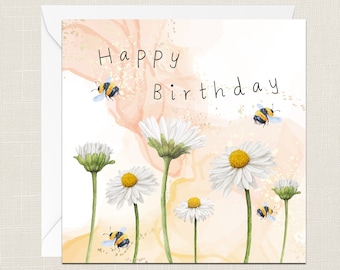 happy Birthday Bumble Bees And Daisies Greetings Card with Envelope - Birthday Card - Gifts for Friend - Positivity - Spring Summer - Unique