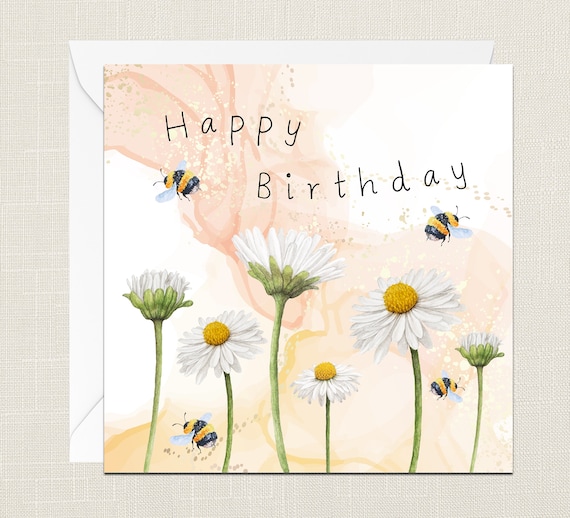 Happy Birthday Bumble Bees And Daisies Greetings Card with Envelope Verjaardagskaart Cadeaus voor Vriend Positiviteit Lente zomer Uniek