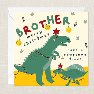 Broeder Merry Christmas Have A Rawrsome Time Greetings Card met envelop - Merry Xmas - Happy Holidays - Feestelijk - Joyeux Noel - Dinosaurus