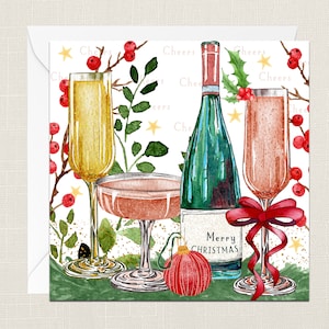 Merry Christmas Cheers Grußkarte mit Umschlag - Merry Xmas - Frohe Feiertage - Festlich - Joyeux Noel - Champagner Getränke - Wein - Blätter
