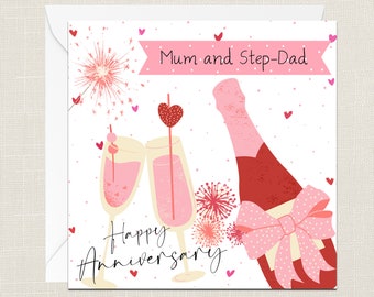 Mum And Step-Dad Happy Anniversary Greetings Card with Envelope - For Her Him - Celebration - Wedding Anniversary - Champagne Love