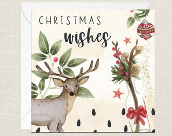 Christmas Wishes Greetings Card with Envelope - Merry Xmas - Happy Holidays - Festive - Joyeux Noel - Watercolour Deer - Our House To Yours