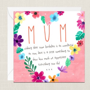 Mum Birthday Greetings Card with Envelope - Birthday Card - Her - Gifts for Mother - Love You - Flowers - Lovely Day - Hearts - Appreciation