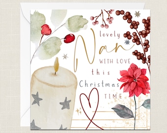 Lovely Nan With Love This Christmas Time Greetings Card with Envelope - Merry Xmas - Happy Holidays - Festive - Joyeux Noel - Tree - Grandma