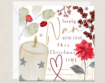 Lovely Nan With Love This Christmas Time Greetings Card with Envelope - Merry Xmas - Happy Holidays - Festive - Joyeux Noel - Tree - Grandma