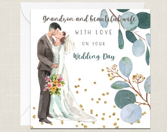 Grandson And Beautiful Wife On Your Wedding Day Greetings Card with Envelope - Celebration - Wedding - Bride Groom - Grand Son Granddaughter