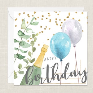 Happy Birthday wenskaart met envelop - kaarten voor hem - cadeaus voor hem - aquarel - ballonnen Champagne gouden confetti bladeren