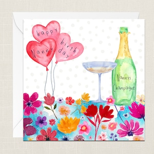 Niñera Feliz Cumpleaños Tarjeta de Felicitación con Sobre - Tarjeta Floral - Tarjetas Regalos para Ella - Cóctel de Champán - Flores Coloridas - Moderno