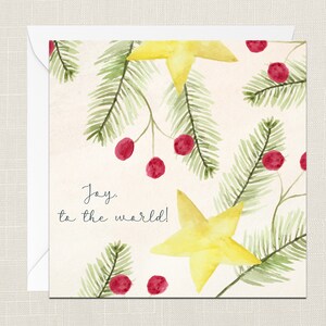 Joy, To The World Greetings Card with Envelope - Xmas - Happy Holidays - Festive - Merry Christmas - Stars - Branches - Christmas Card