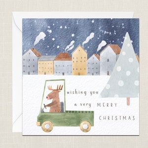 Wishing You A Very Merry Christmas Greetings Card with Envelope - Merry Xmas - Happy Holidays - Festive - Joyeux Noel - Reindeer Neighbours