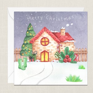 Merry Christmas Greetings Card with Envelope - Xmas - Happy Holidays - Festive - Merry - Joyeux Noel -  Night Sky  - Christmas House
