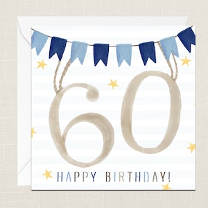 Happy 60th Birthday Greetings Card with Envelope - Birthday Card - Cards Him Gifts for Friend - Bunting - Sixtieth 60 - Watercolour - Sixty