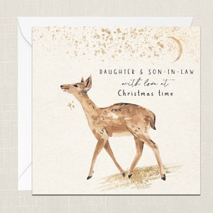 Daughter and Son-In-Law With Love At Christmas Time Greetings Card with Envelope - Merry Xmas Happy Holidays - Festive Joyeux Noel - Deer