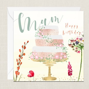 Mum Happy Birthday Greetings Card with Envelope - Gift For Her - Birthday Cake - Mom - Flowers Watercolour - Hammered Textured Luxury Cards