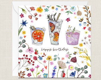 Happy Birthday Greetings Card with Envelope - Birthday Card - Her - Gifts Friend - Gin Celebration - Cocktail Champagne - Friends - Flowers