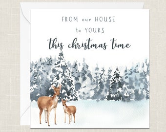 From Our House To Yours This Christmas Time Greetings Card with Envelope - Tree - Xmas - Happy Holidays - Festive - Merry - Joyeux Noel
