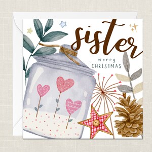 Sister Merry Christmas Greetings Card with Envelope - Merry Xmas - Happy Holidays - Festive - Joyeux Noel - Childrens Kids - Snowman