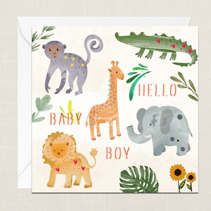 Tarjeta de felicitación Hello Baby Boy con sobre - Tarjeta de nacimiento - Tarjeta de bautizo - Tarjeta de bebé - Recién nacido - Animales de la jungla - Colorido