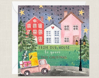 From Our House To Yours This Christmas Greetings Card with Envelope - Tree - Xmas - Happy Holidays - Festive Merry - Joyeux Noel - Neighbour