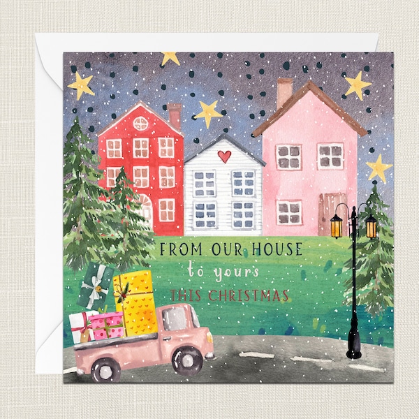 De notre maison à la vôtre cette carte de voeux de Noël avec enveloppe - arbre - Noël - joyeuses fêtes - joyeux Noël - joyeux Noël - voisin