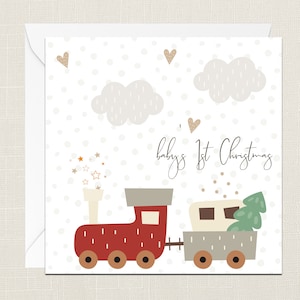 Baby's 1st Christmas Greetings Card with Envelope - Merry Xmas - Happy Holidays - Festive - Joyeux Noel - Childrens Kids - Train - Babies