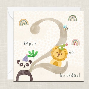 Joyeux 2ème anniversaire Carte de vœux avec enveloppe - Milestone Ages Birthday - Childrens Kids Birthday Cards Gift - Animals Panda Lion
