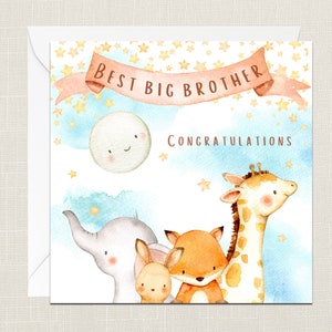 Best Big Brother Congratulations Greetings Card with Envelope - Carte de naissance - Carte de baptême - Bébé frère - Nouveau-né Bébé - Animaux mignons