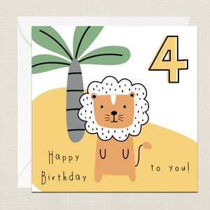 4ème anniversaire Joyeux anniversaire à vous! Carte de vœux avec enveloppe - Anniversaire des enfants - Milestone - Quatre ans - 4 ans - Lion Animal