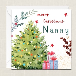 Nanny Grußkarte mit Umschlag - Merry Xmas - Frohe Feiertage - Festlich - Joyeux Noel - Baum - Oma - Nan - Nannie