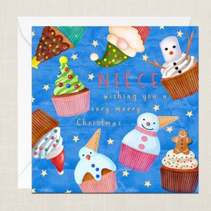 Sobrina deseándole una tarjeta de felicitación navideña muy feliz con sobre - Feliz Navidad - Felices fiestas - Cupcakes festivos - Niños