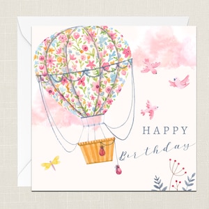 Carte de voeux de joyeux anniversaire avec enveloppe - carte d'anniversaire - elle - cadeaux pour un ami - montgolfière - fleurs oiseaux - ballons coeurs